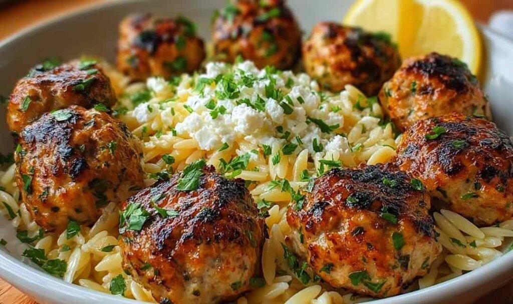 Greek chicken meatballs with lemon orzo cooking in cast iron skillet with fresh herbs