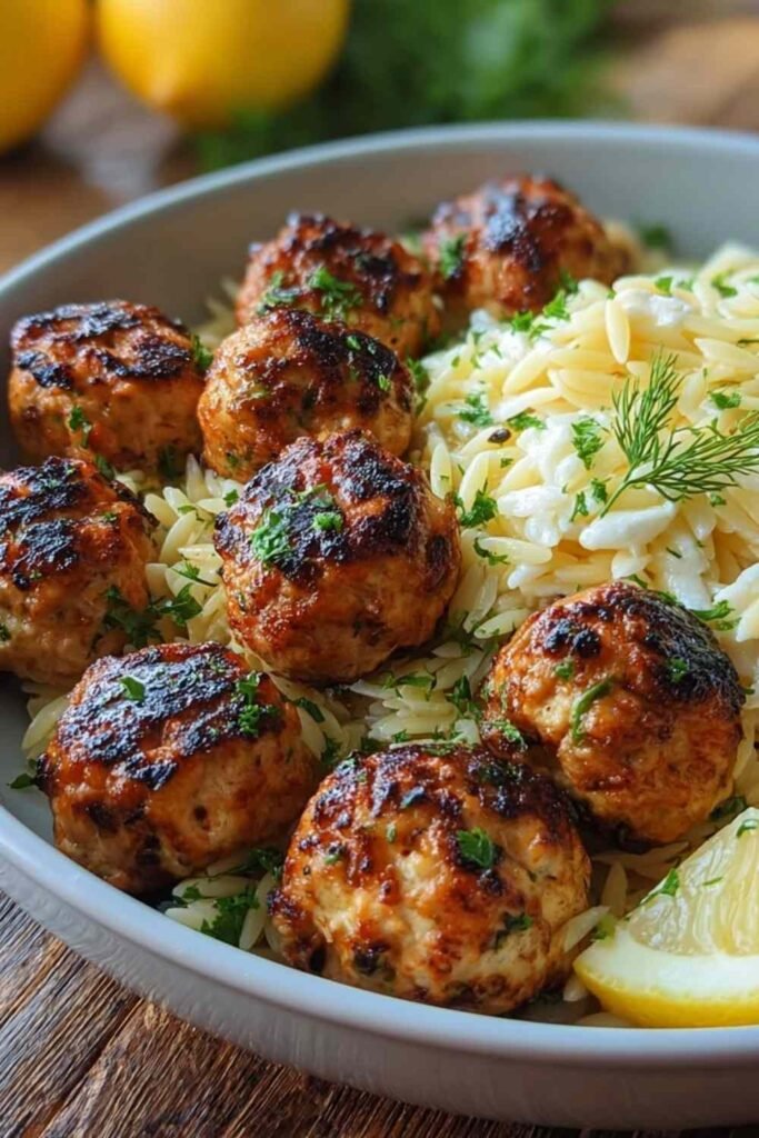Greek chicken meatballs with lemon orzo cooking in cast iron skillet with fresh herbs