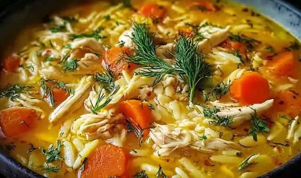 Bowl of Greek lemon chicken soup with orzo pasta, shredded chicken, vegetables, and fresh parsley garnish