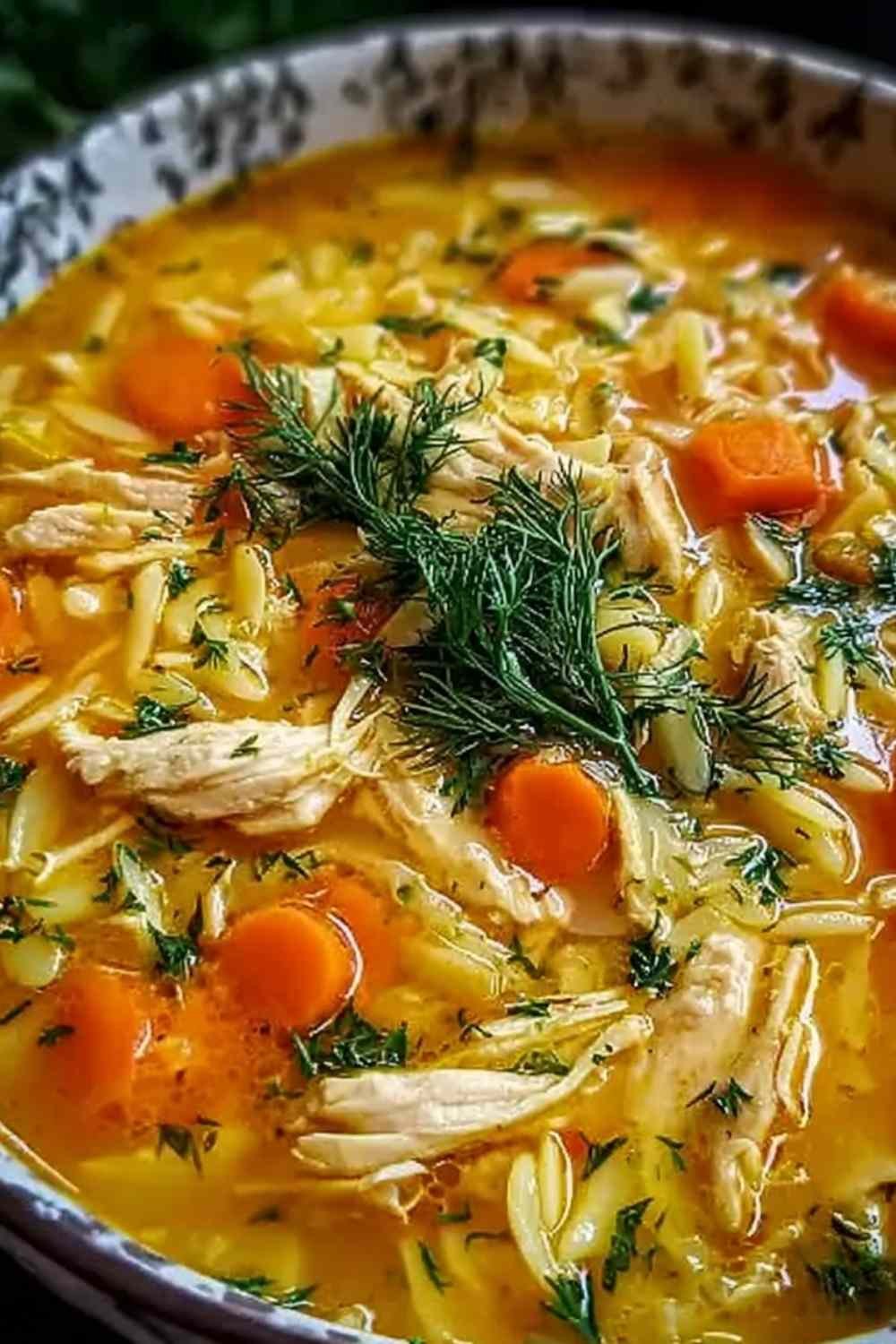 Bowl of Greek lemon chicken soup with orzo pasta, shredded chicken, vegetables, and fresh parsley garnish
