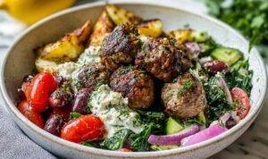 Greek meatball bowl with tender meatballs, roasted potatoes, fresh salad, and tzatziki sauce