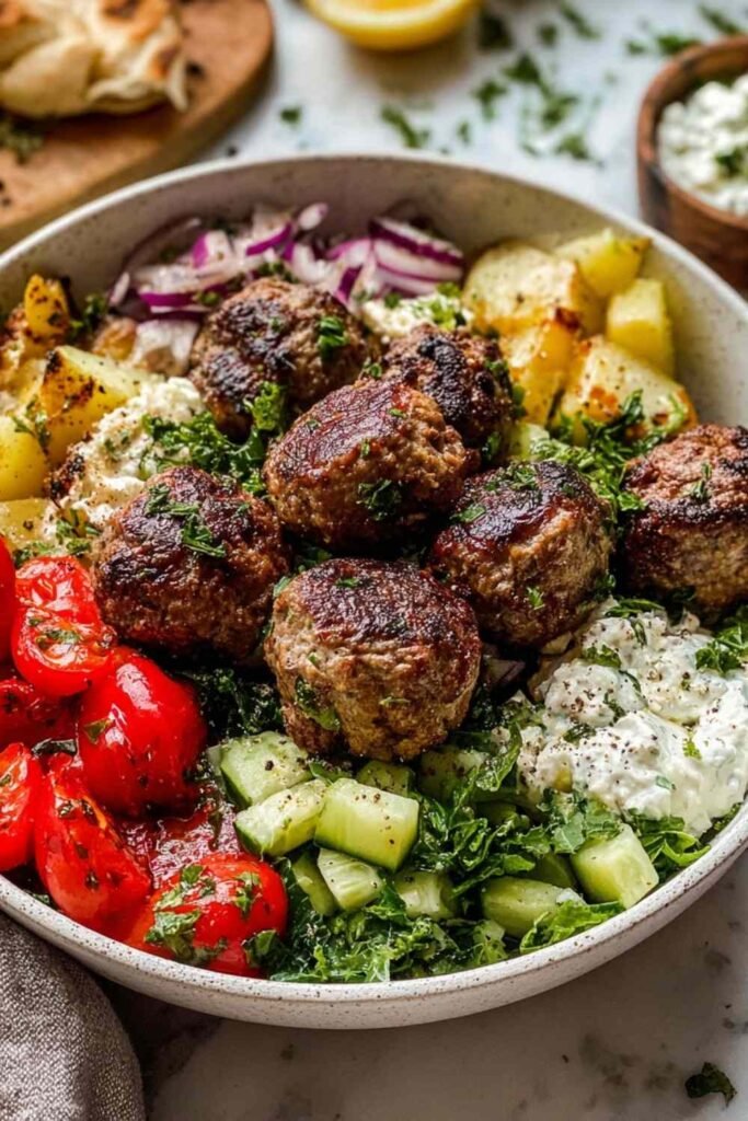 Greek meatball bowl with tender meatballs, roasted potatoes, fresh salad, and tzatziki sauce