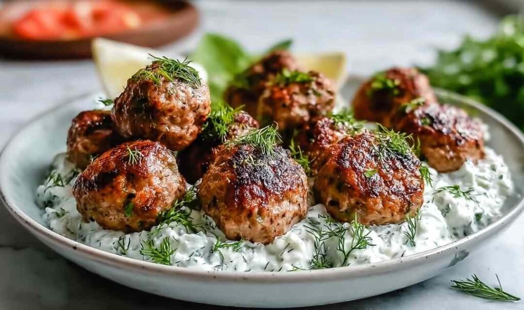 Greek turkey meatballs served with tzatziki sauce on white plate with fresh herbs