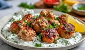 Greek Turkey Meatballs with Tzatziki Greek turkey meatballs served with tzatziki sauce on white plate with fresh herbs