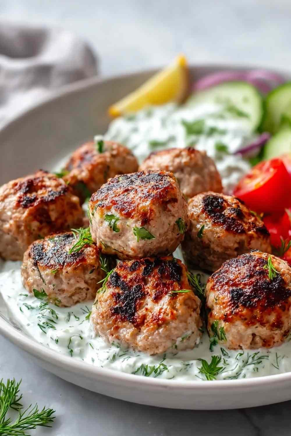 Greek turkey meatballs served with tzatziki sauce on white plate with fresh herbs