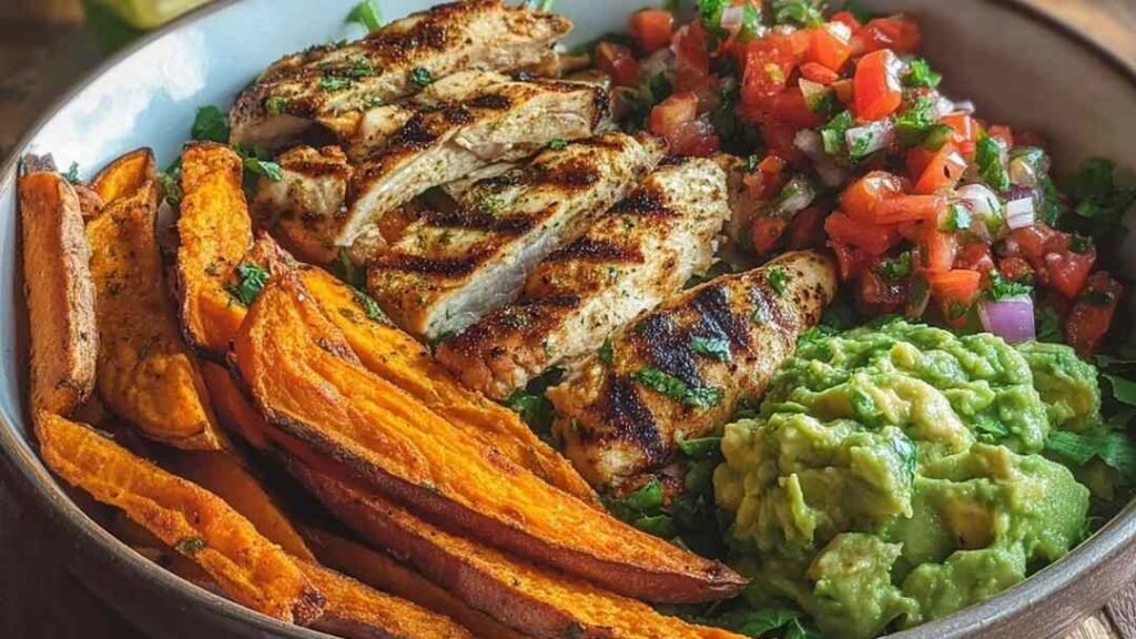 grilled herb chicken bowl with sweet potato fries and avocado salsa over quinoa with greens