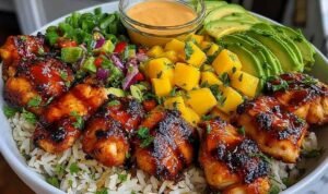 Grilled maple sriracha chicken bowl with coconut rice, fresh mango avocado salsa, and chili mayo swirl