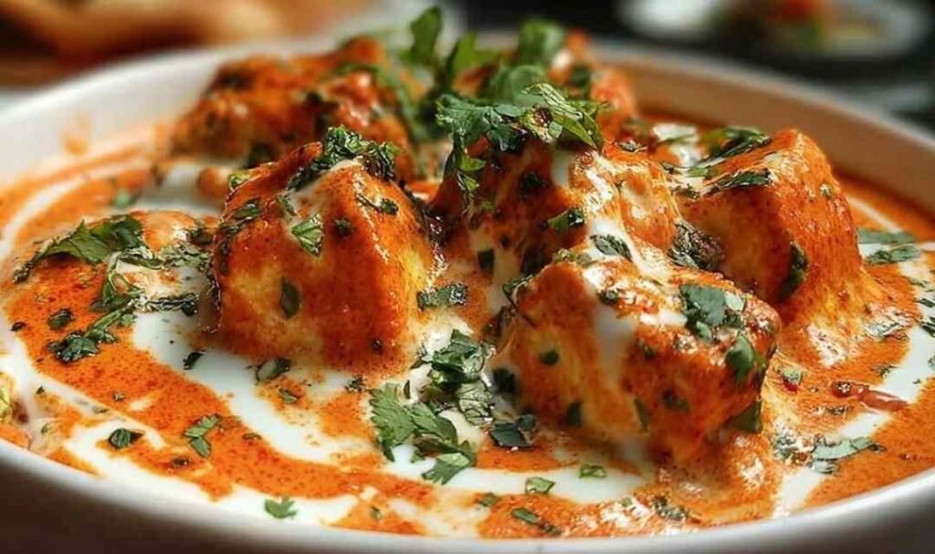 Close-up of Halloumi Makhani in a white bowl with golden halloumi cubes in creamy spiced tomato sauce garnished with fresh cilantro