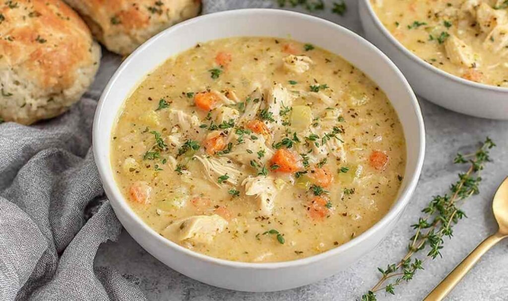 Bowl of creamy chicken pot pie soup garnished with fresh parsley showing tender chicken and vegetables