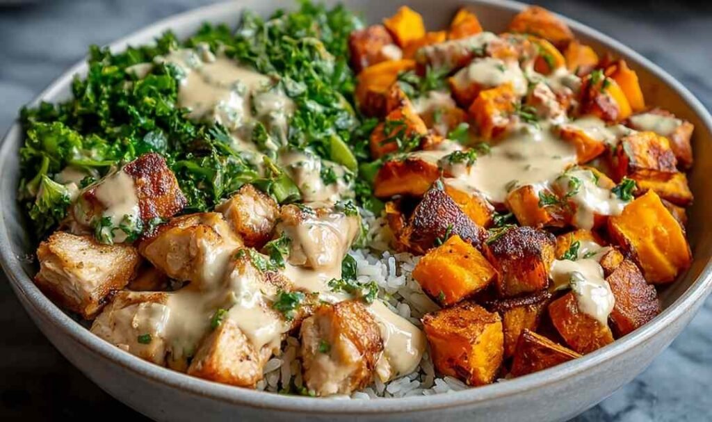 Healthy chicken sweet potato bowl with roasted sweet potatoes, seasoned chicken, rice and creamy sauce
