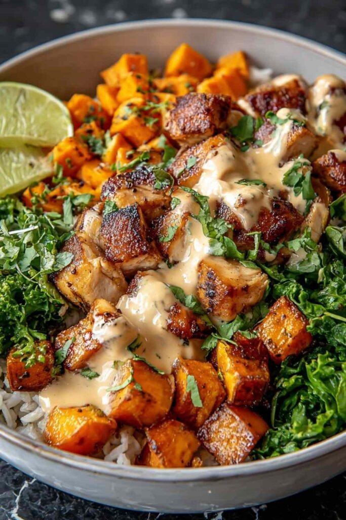 Healthy chicken sweet potato bowl with roasted sweet potatoes, seasoned chicken, rice and creamy sauce