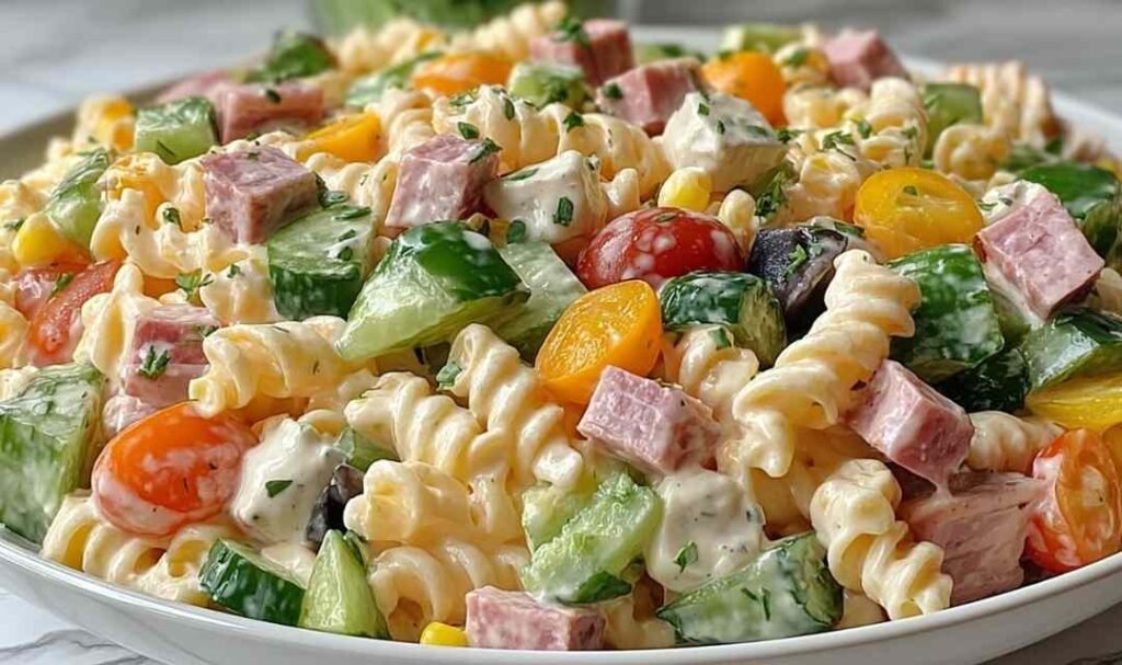 Cold Pasta Salad Served in a Large Bowl