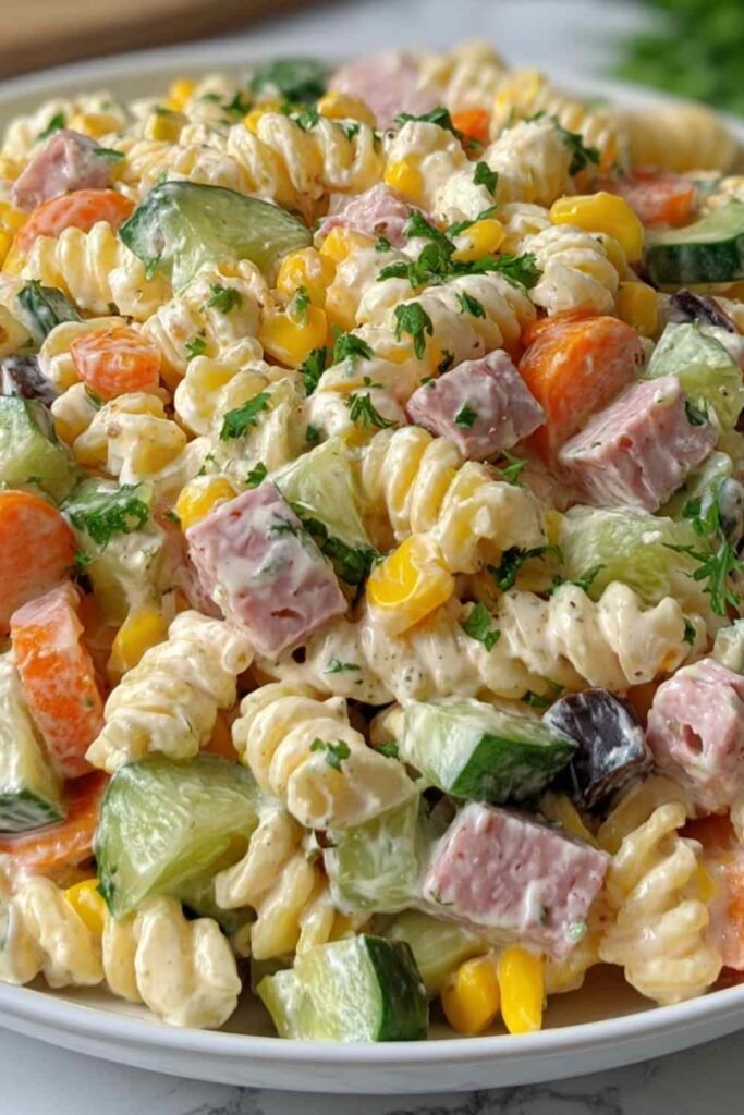 Cold Pasta Salad Served in a Large Bowl