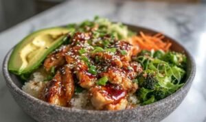 Healthy Sticky Chicken Bowls Healthy sticky chicken bowls with glazed chicken, rice, broccoli and spicy mayo drizzle