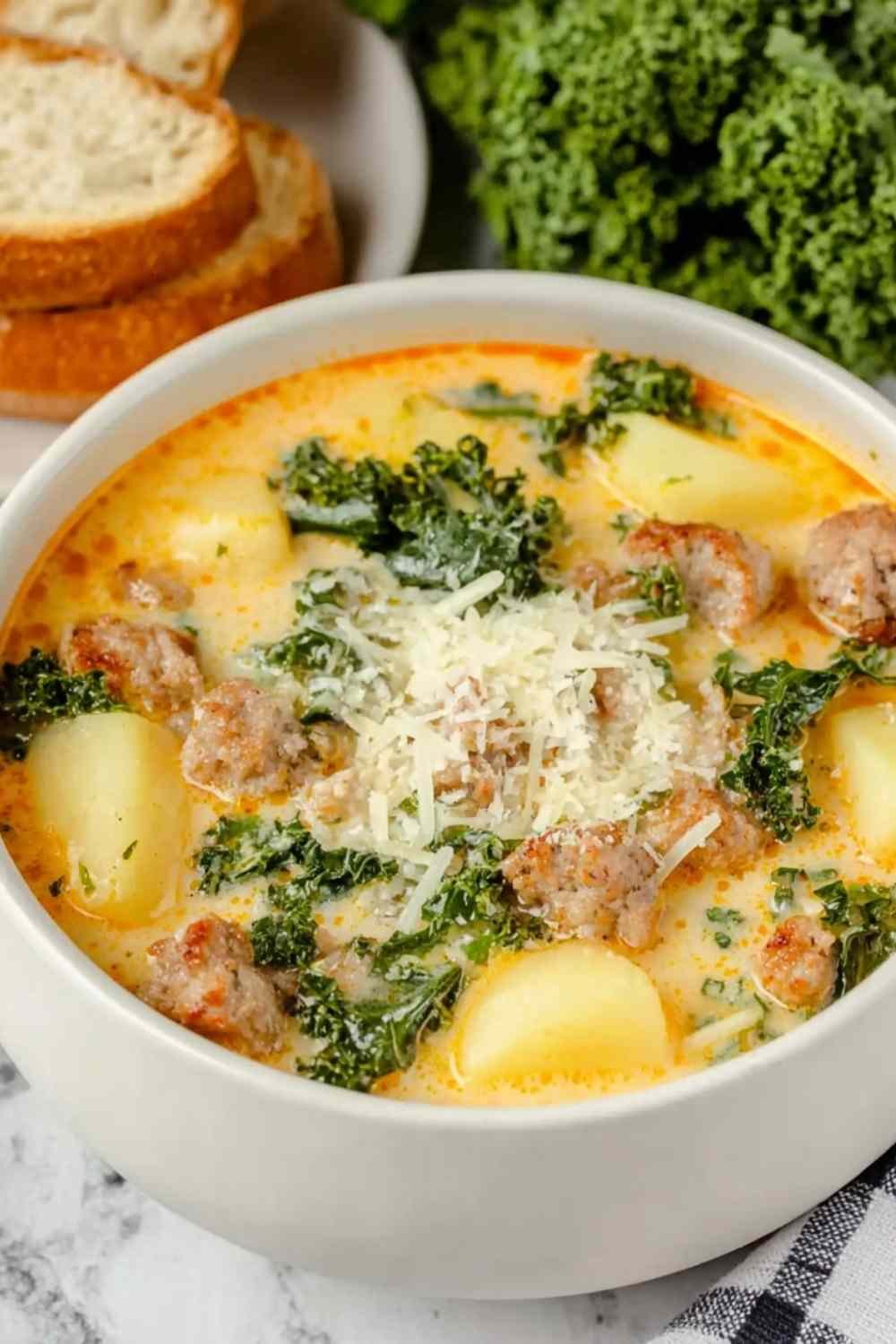 Creamy slow cooker zuppa toscana soup with Italian sausage, tender potatoes, fresh kale, and Parmesan cheese garnish in white bowl