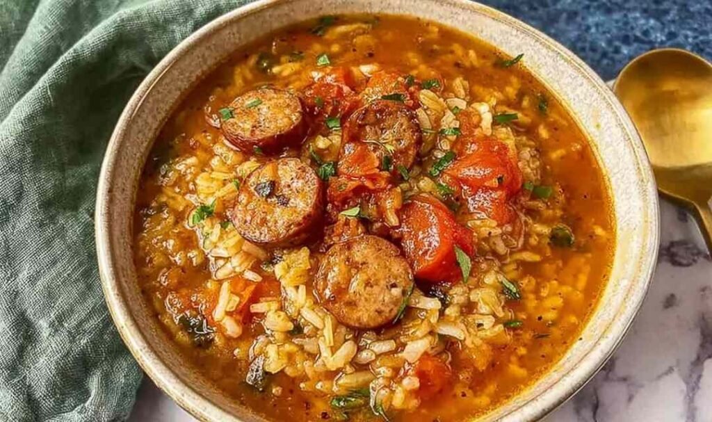 Spicy jambalaya soup with andouille sausage and chicken served in white bowl garnished with green onions and red chili flakes