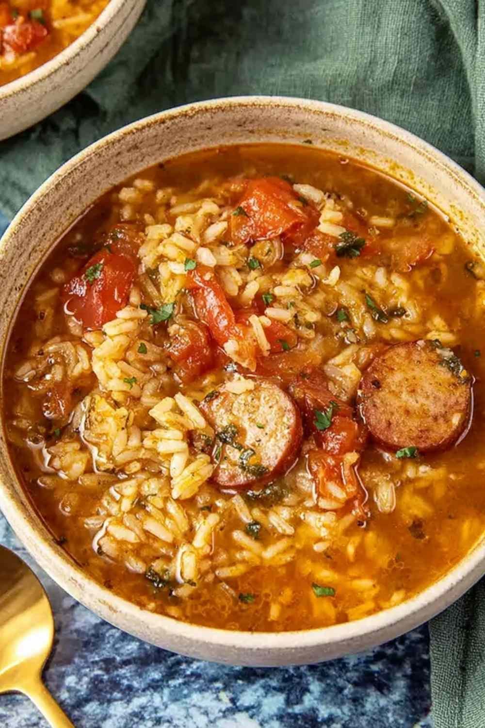 Spicy jambalaya soup with andouille sausage and chicken served in white bowl garnished with green onions and red chili flakes