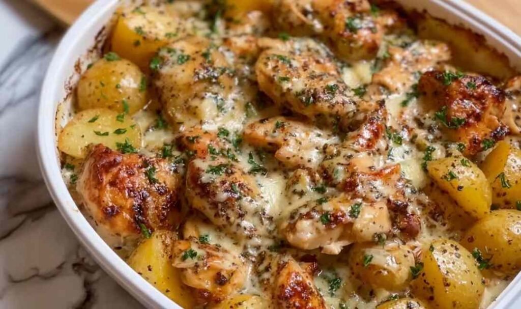 High protein creamy garlic chicken and potatoes in a large skillet with smooth Parmesan garlic cream cheese sauce