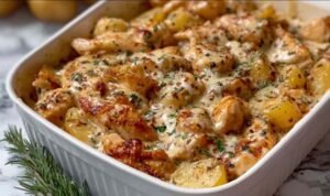 High protein creamy garlic chicken and potatoes in a large skillet with smooth Parmesan garlic cream cheese sauce