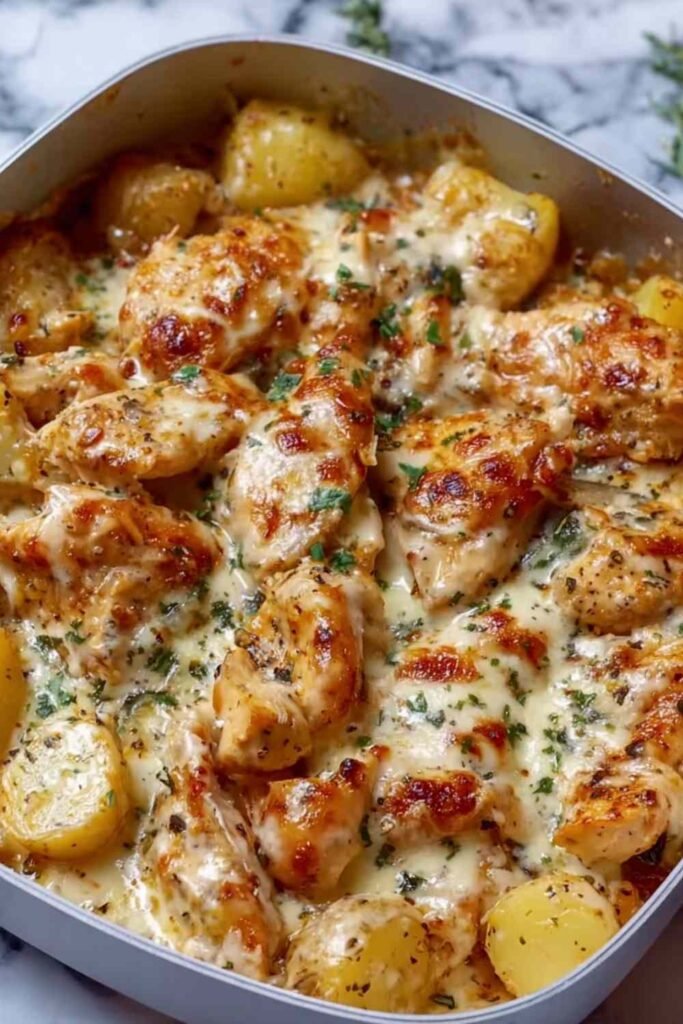High protein creamy garlic chicken and potatoes in a large skillet with smooth Parmesan garlic cream cheese sauce