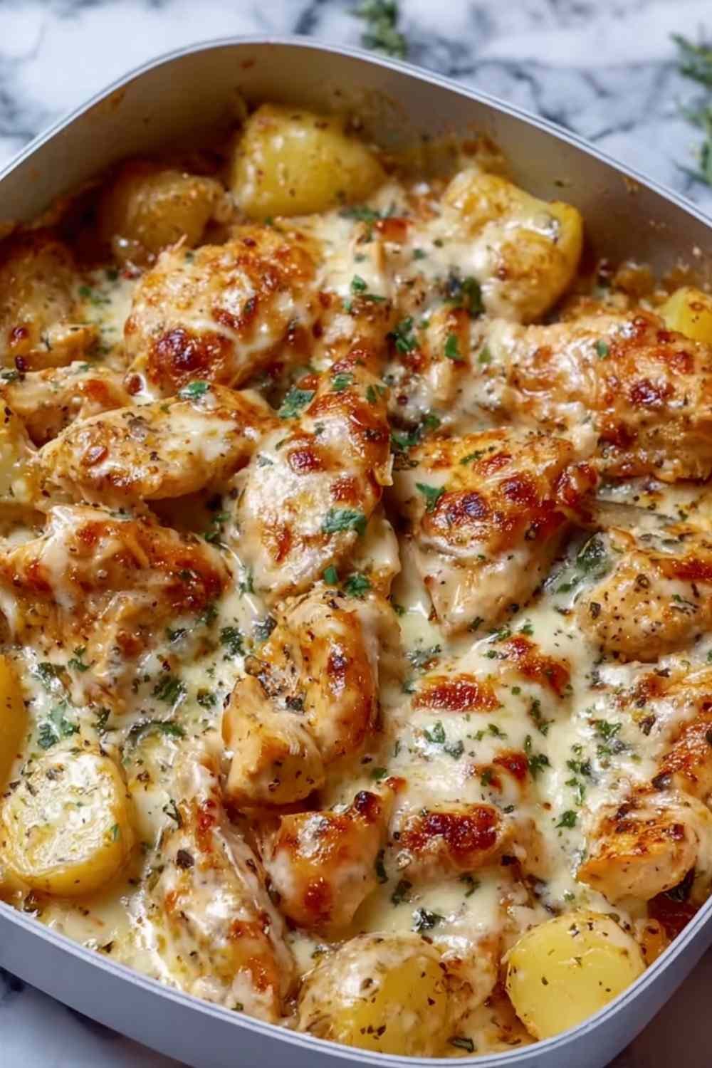 High protein creamy garlic chicken and potatoes in a large skillet with smooth Parmesan garlic cream cheese sauce