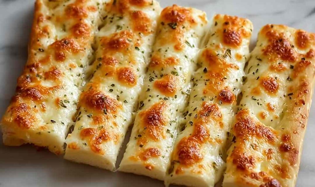 Homemade cheesy breadsticks fresh from the oven on a parchment-lined baking sheet with golden bubbly mozzarella and garlic butter edges