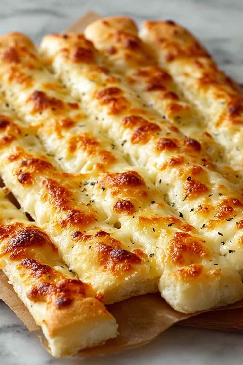 Homemade cheesy breadsticks fresh from the oven on a parchment-lined baking sheet with golden bubbly mozzarella and garlic butter edges