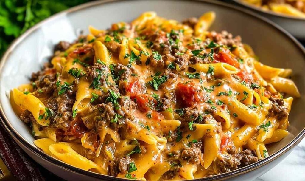 Creamy beef pasta with Parmesan sauce served in a white bowl with fresh parsley garnish