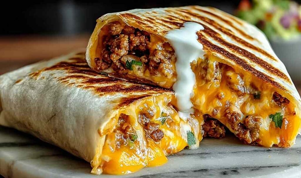 Easy grilled cheese burrito cut in half showing layers of beef cheese rice with crispy golden exterior