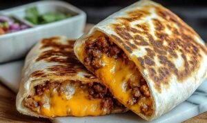 Easy grilled cheese burrito cut in half showing layers of beef cheese rice with crispy golden exterior