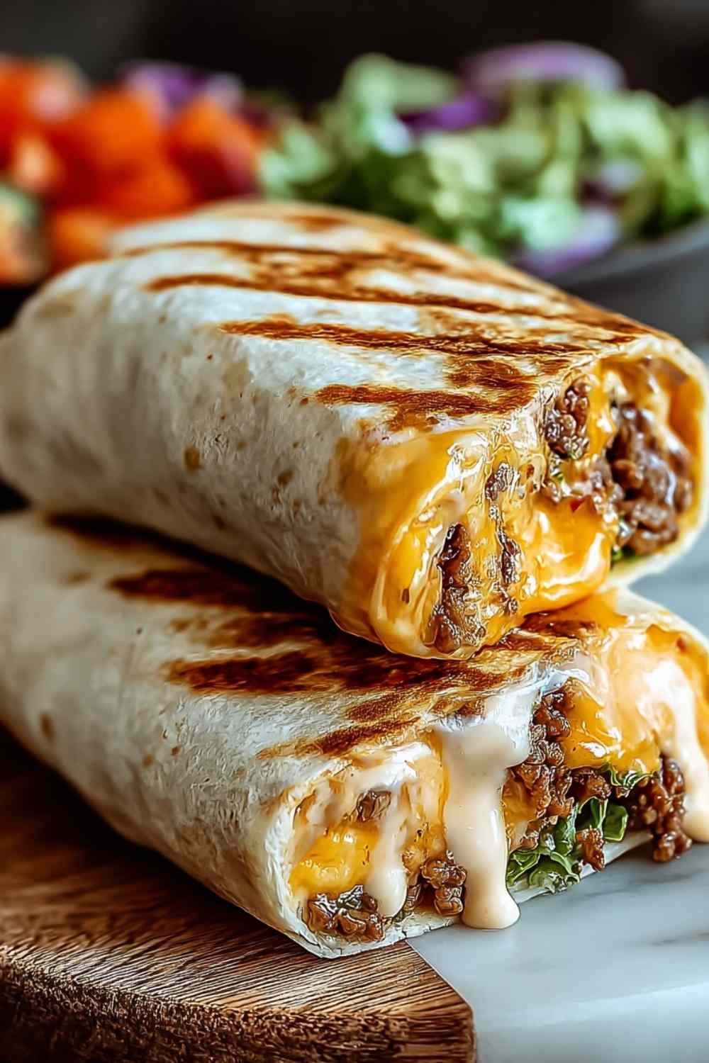 Easy grilled cheese burrito cut in half showing layers of beef cheese rice with crispy golden exterior
