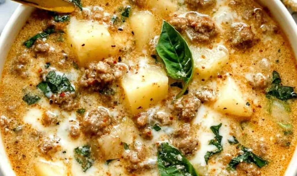 Creamy Italian sausage and potato soup in a bowl topped with Parmesan cheese and wilted kale