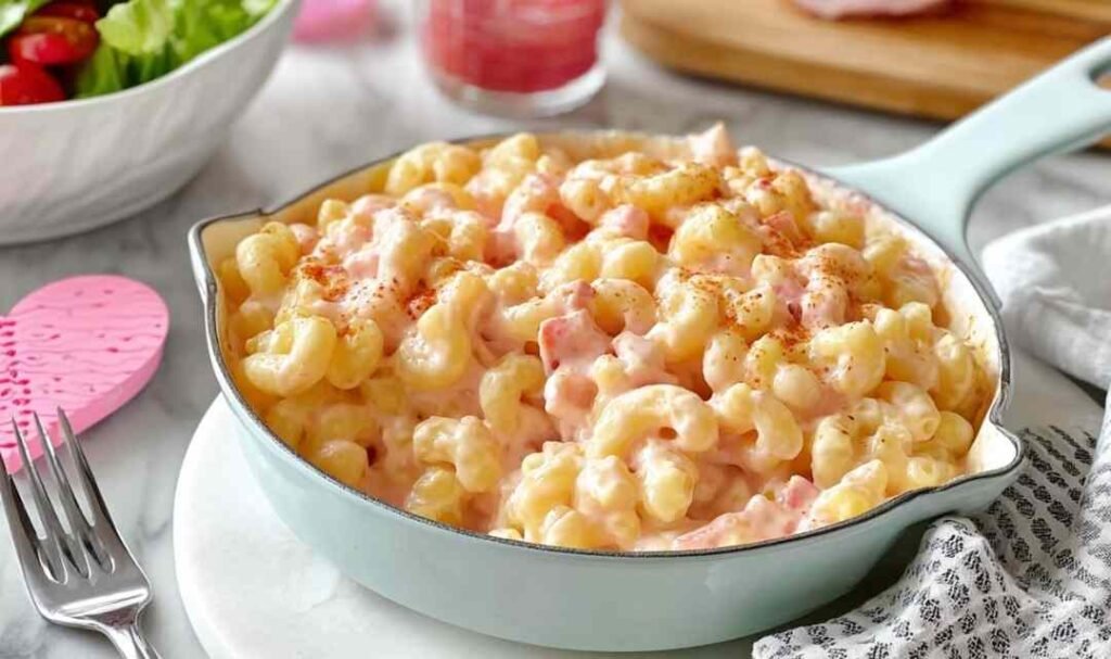 Pink mac and cheese in white bowl naturally colored with beet juice for kid-friendly weeknight dinner