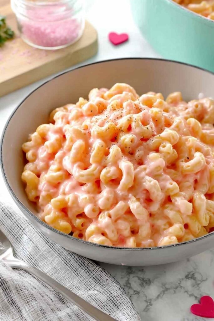 Pink mac and cheese in white bowl naturally colored with beet juice for kid-friendly weeknight dinner