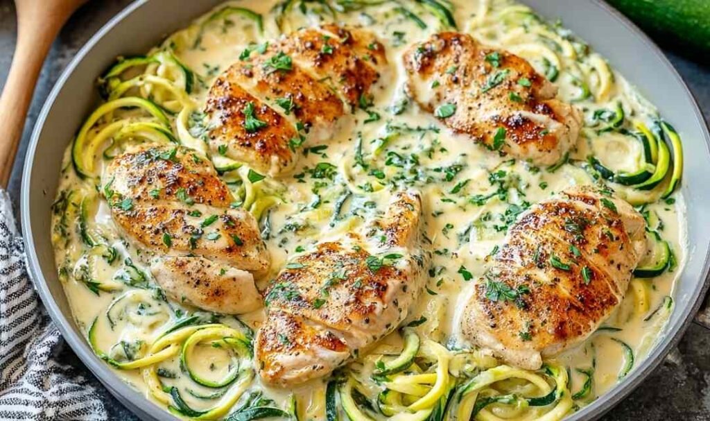 Keto chicken and broccoli casserole in white baking dish with golden melted cheese topping and bubbly edges