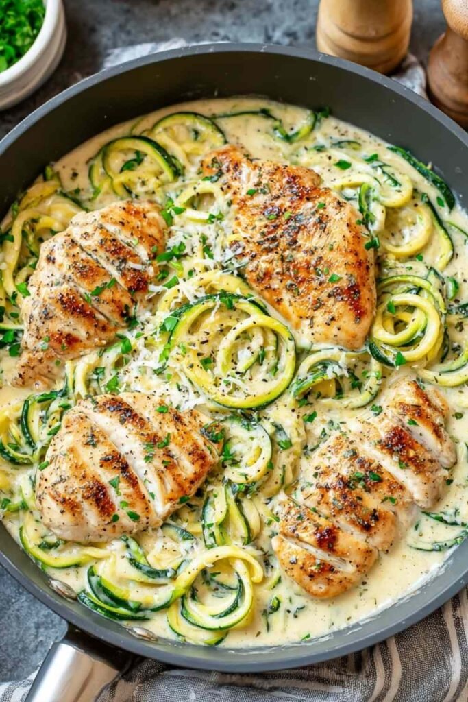 Keto chicken and broccoli casserole in white baking dish with golden melted cheese topping and bubbly edges