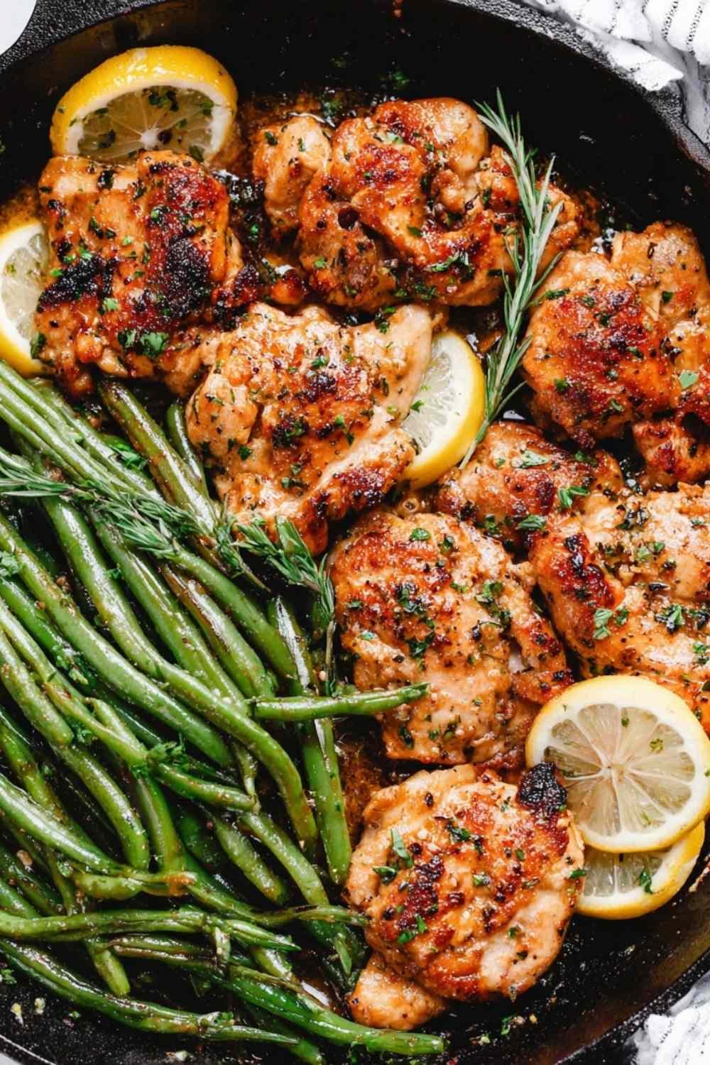 Lemon Garlic Butter Chicken and Green Beans in a cast iron skillet with garlic butter sauce, fresh parsley, and lemon slices