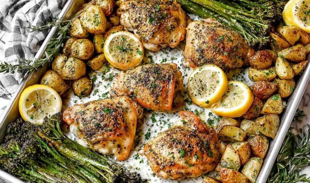 Juicy lemon garlic chicken thighs on a foil-lined sheet pan with roasted baby potatoes and broccoli