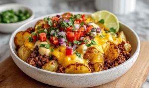 Loaded fiesta potato bowls with crispy potatoes, seasoned ground beef, melted cheese, sour cream, and fresh toppings