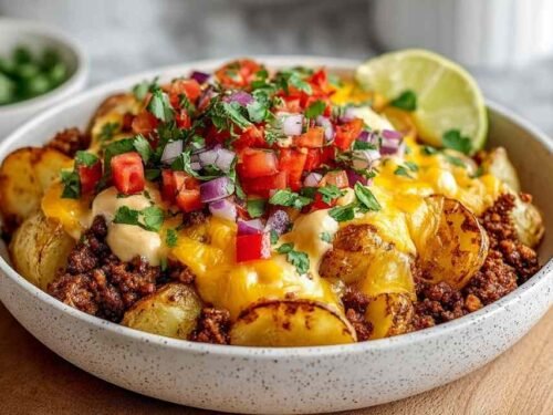 Loaded fiesta potato bowls with crispy potatoes, seasoned ground beef, melted cheese, sour cream, and fresh toppings
