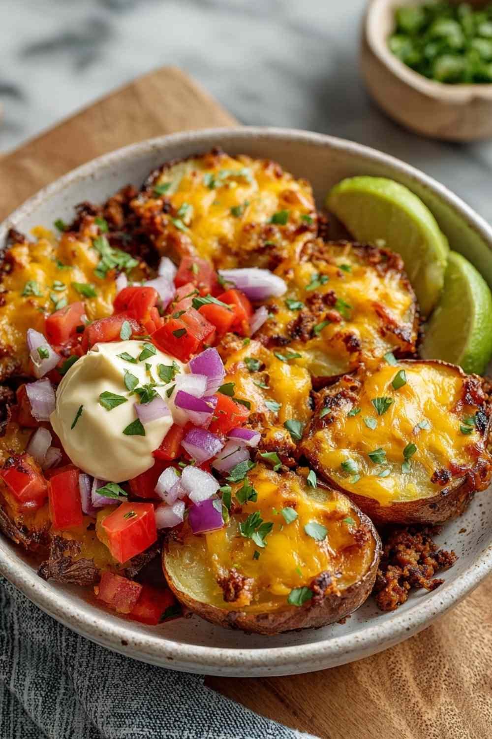 Loaded fiesta potato bowls with crispy potatoes, seasoned ground beef, melted cheese, sour cream, and fresh toppings