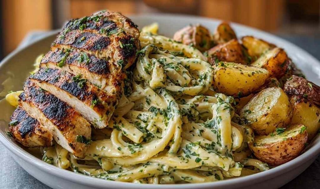 Loaded herb grilled chicken with creamy pesto pasta and roasted baby potatoes served in white bowl with fresh herbs
