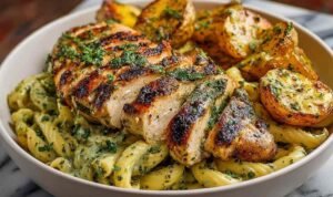 Loaded herb grilled chicken with creamy pesto pasta and roasted baby potatoes served in white bowl with fresh herbs