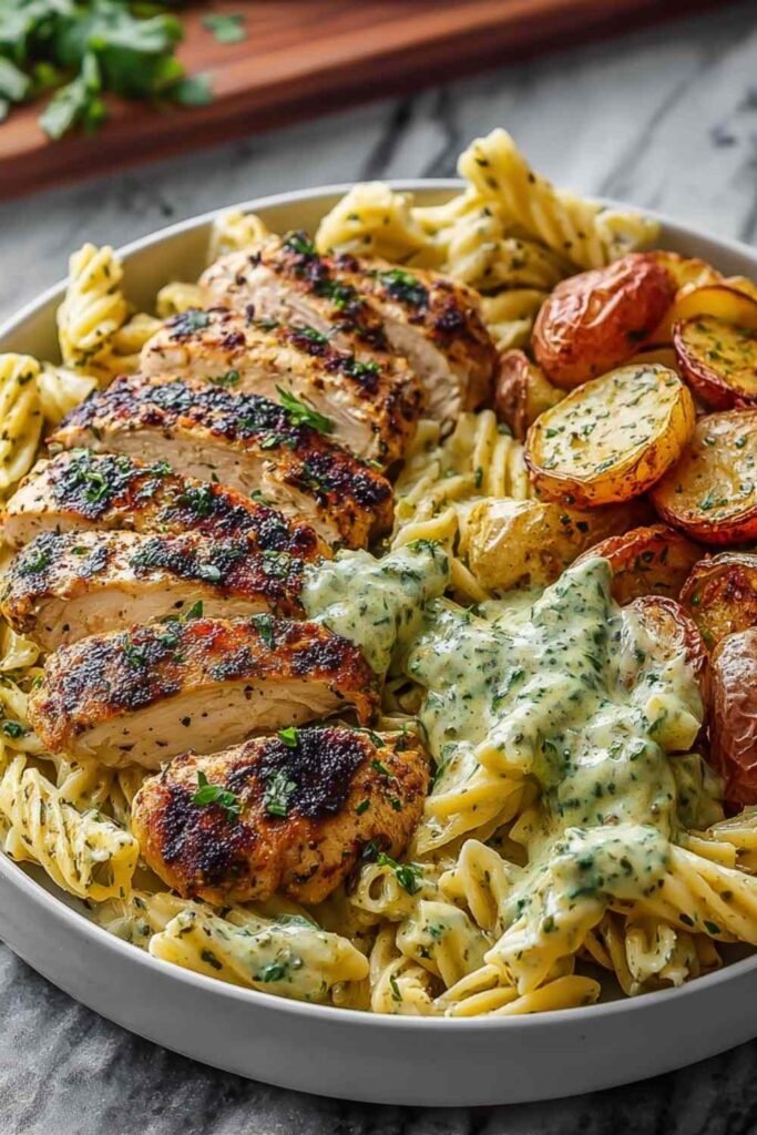 Loaded herb grilled chicken with creamy pesto pasta and roasted baby potatoes served in white bowl with fresh herbs