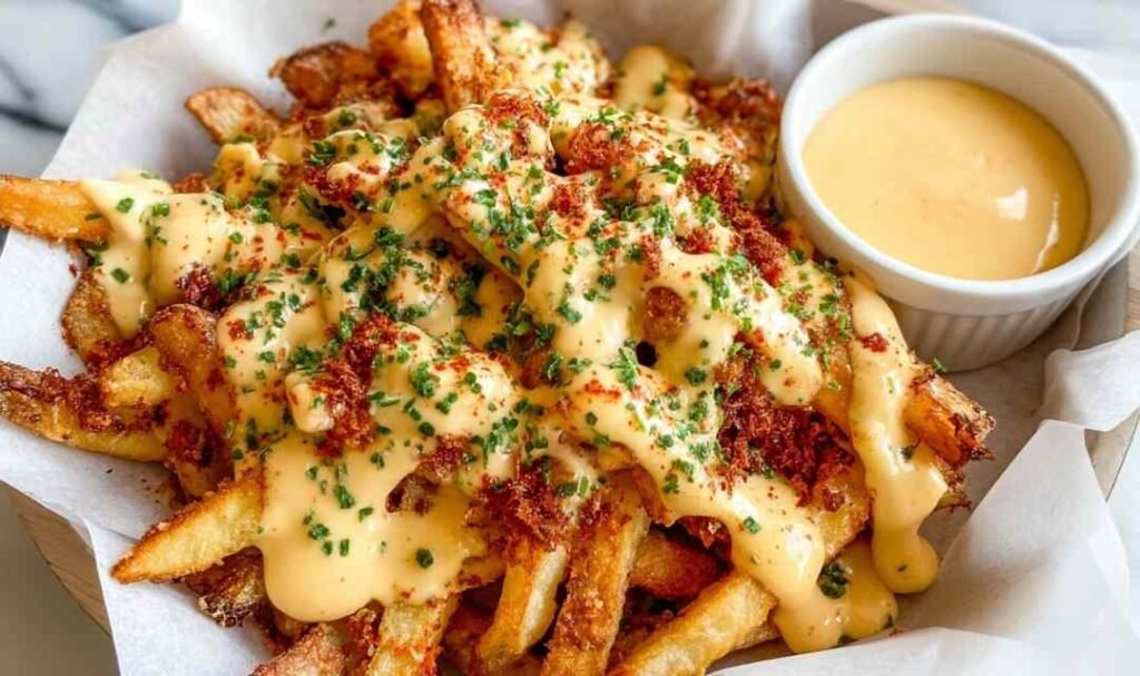 Louisiana Voodoo Fries Wingstop copycat topped with Cajun ranch cheese sauce and cayenne on a white platter
