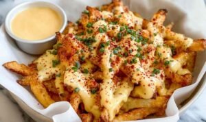 Louisiana Voodoo Fries Wingstop copycat topped with Cajun ranch cheese sauce and cayenne on a white platter