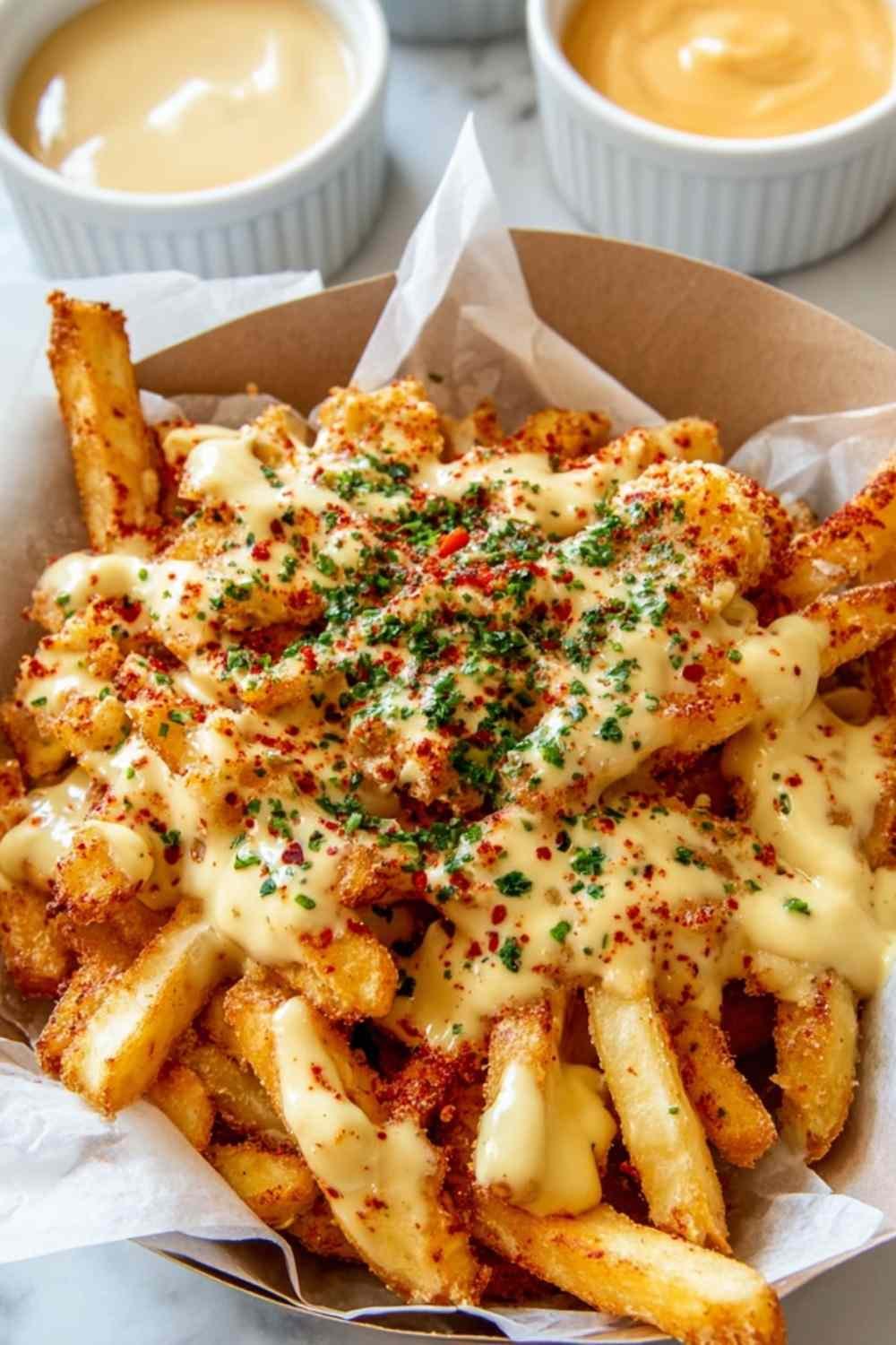Louisiana Voodoo Fries Wingstop copycat topped with Cajun ranch cheese sauce and cayenne on a white platter