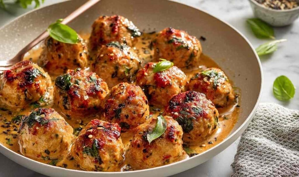 Marry me chicken meatballs in creamy sun-dried tomato sauce with fresh basil in a large skillet