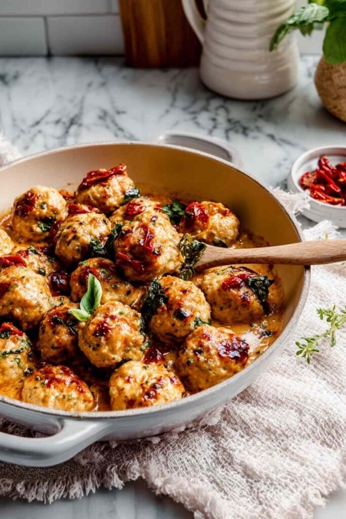 Marry me chicken meatballs in creamy sun-dried tomato sauce with fresh basil in a large skillet
