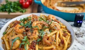 Marry Me Shrimp Pasta in a white bowl with creamy sun-dried tomato sauce pink shrimp penne pasta and fresh basil garnish